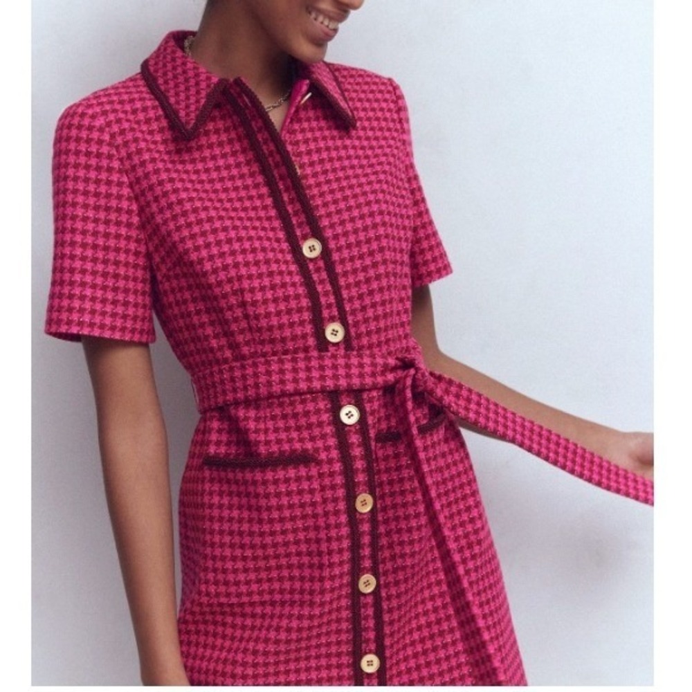 Boden Pink Houndstooth Tweed Mini Dress Short Sleeve Button Front Belted | 12L - Picture 6 of 6